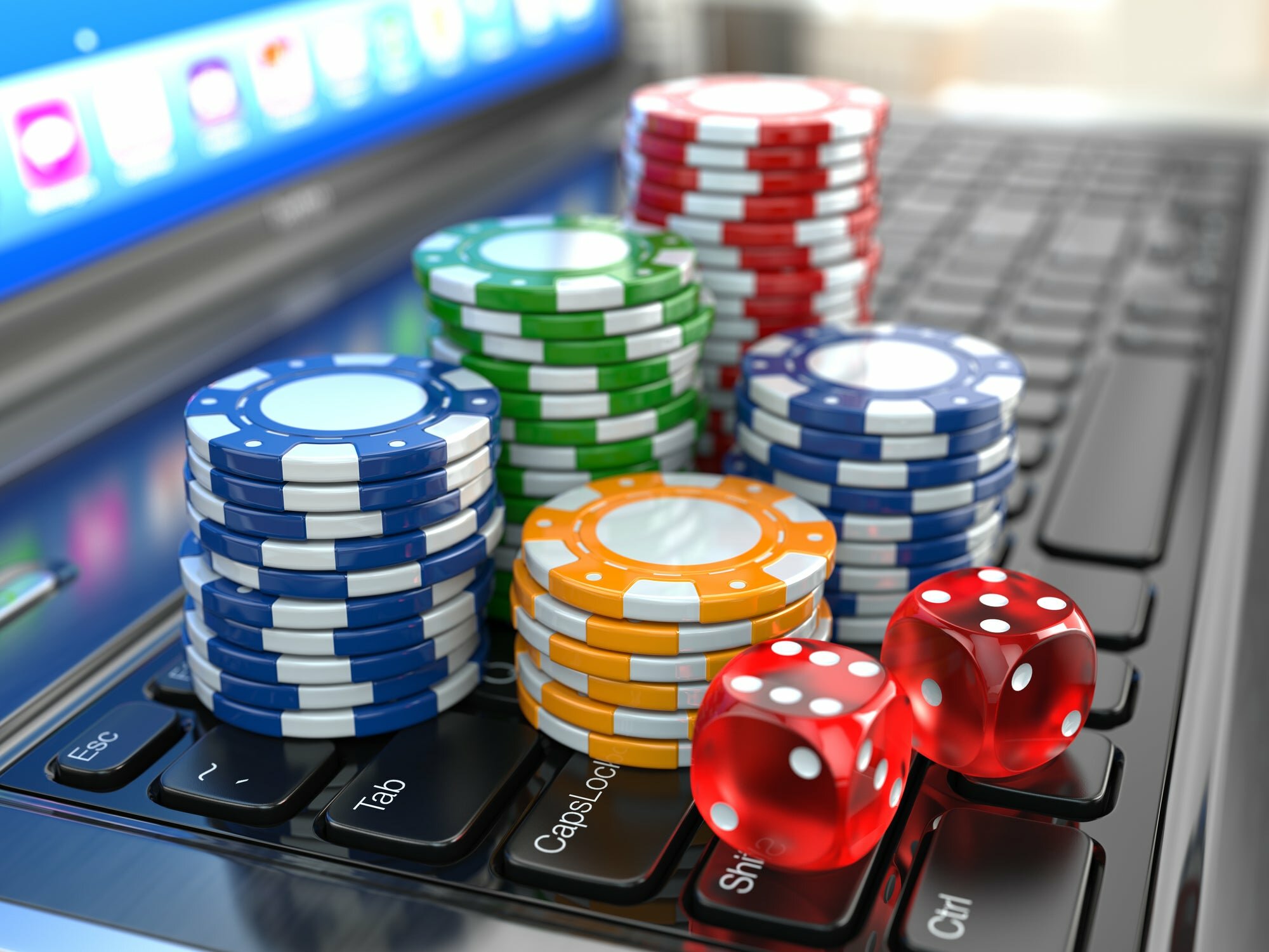 Dice and casino chips representing online gambling